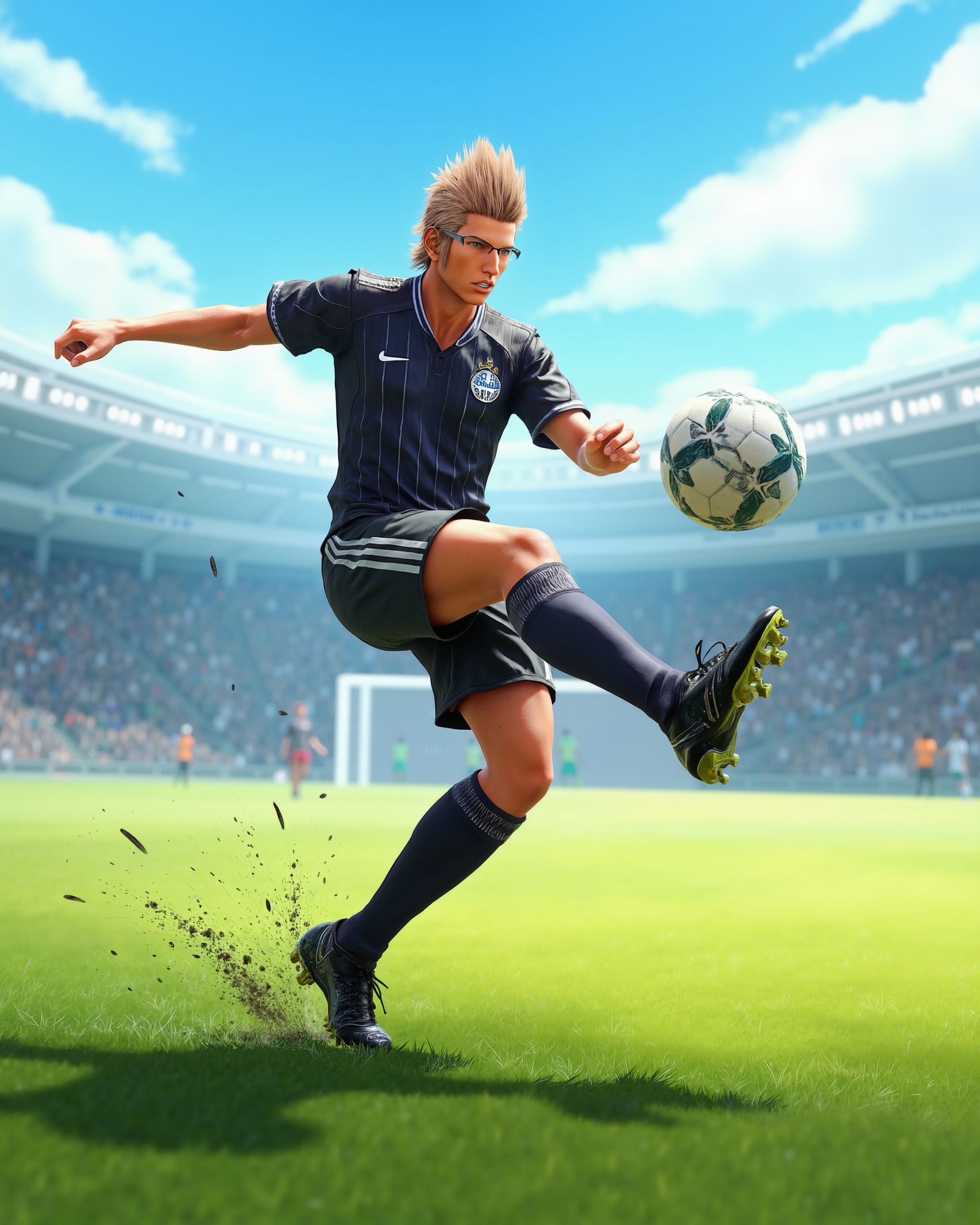 A full-body action shot of XV-Ignis,  a man,  mid-kick as he powerfully strikes a soccer ball toward the goal. His express...