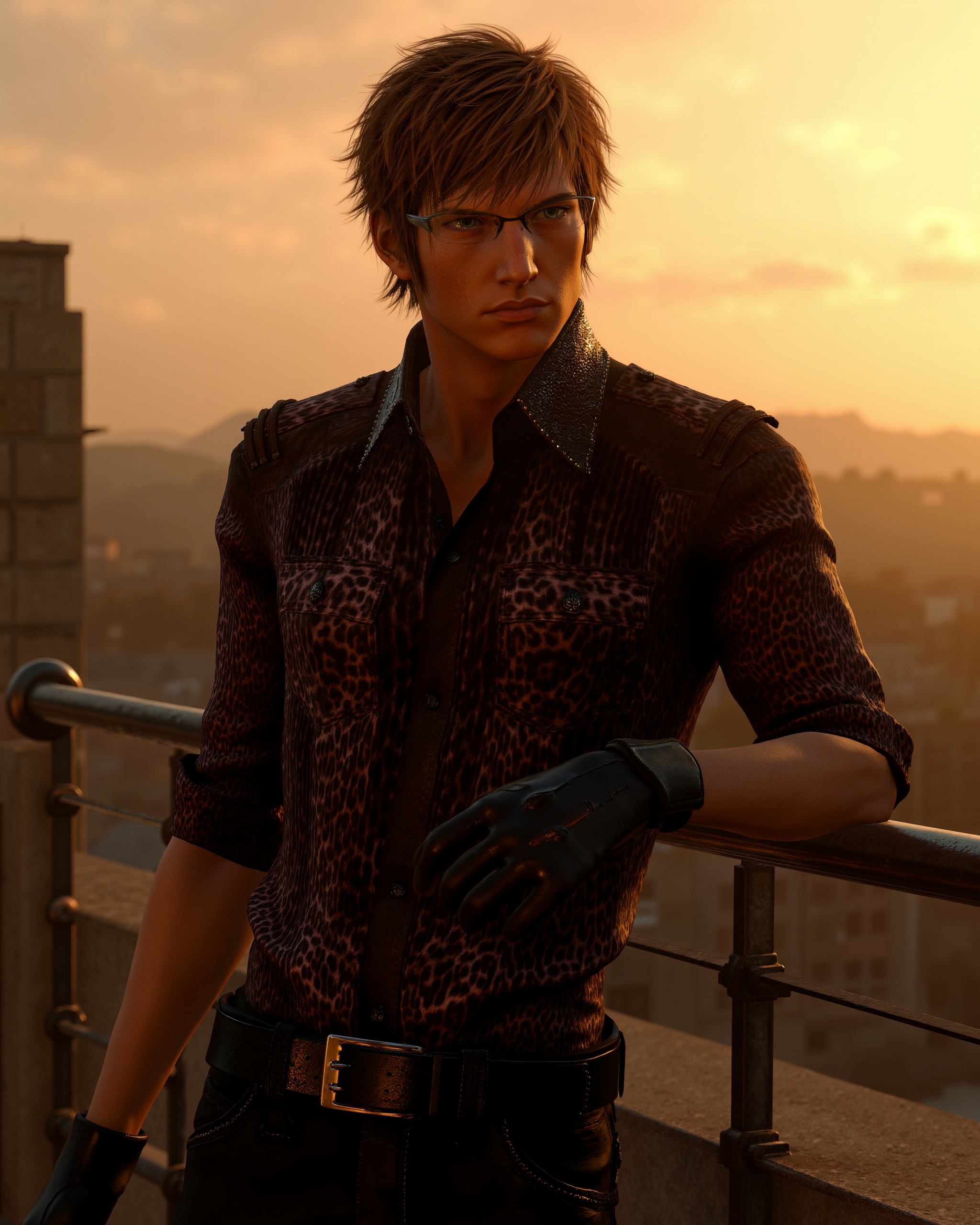 Ignis Scientia,  athletic and sharply dressed in a dark leopard print shirt,  poses waist-up in golden evening light. His...