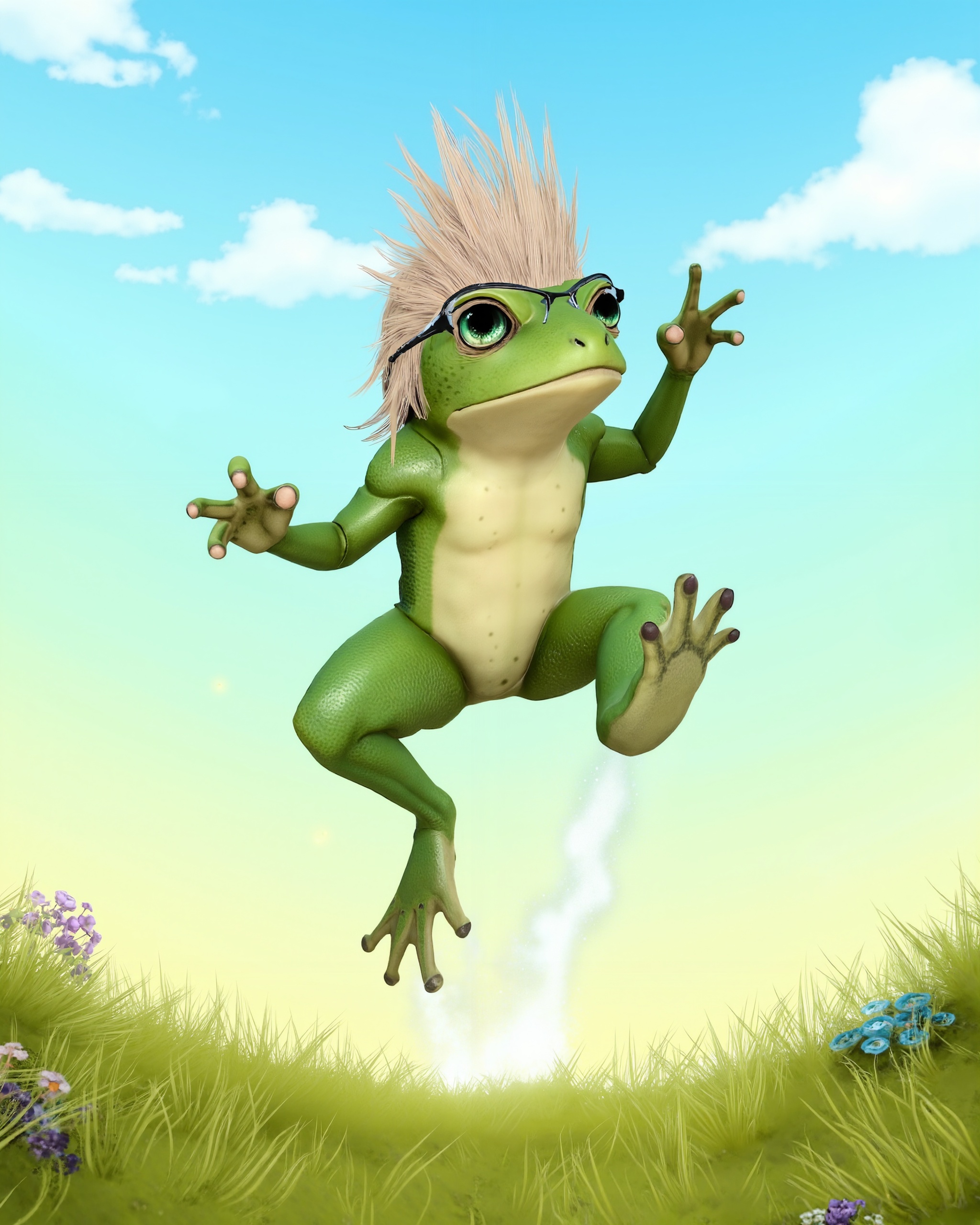 A stylized,  whimsical illustration of a frog version of Ignis Scientia mid-leap in a vibrant grassy field. A poof of whit...