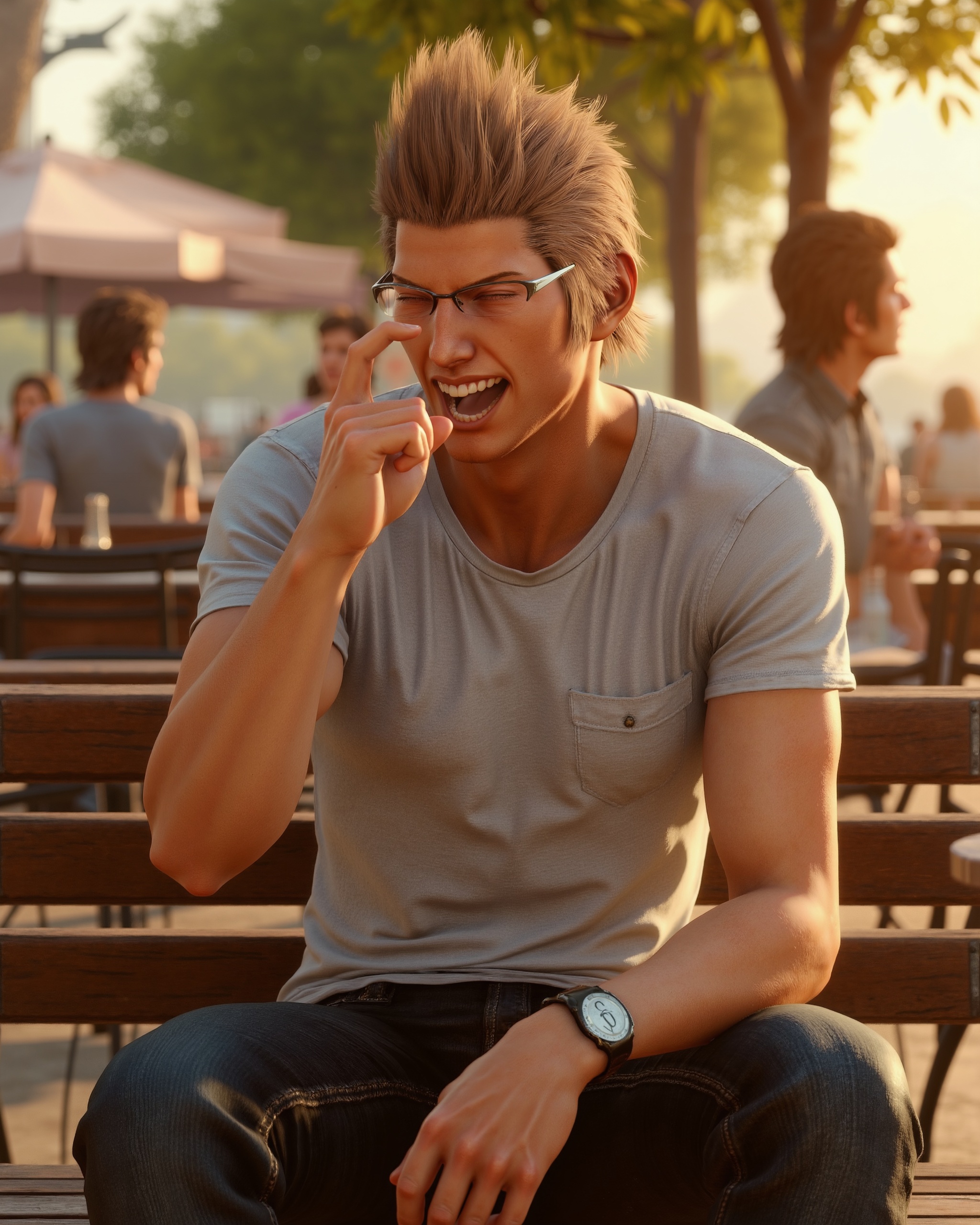 A high-quality CGI render of XV-Ignis from Final Fantasy XV,  a 25-year-old athletic man with light ash brown hair swept u...