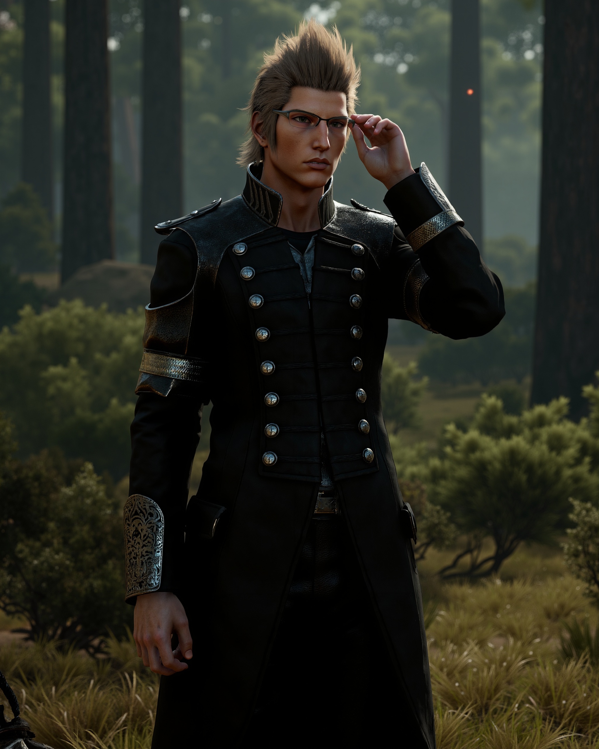 Ignis stands confidently in a shaded forest glade,  a detailed ultra-realistic render. He wears his black military-style u...