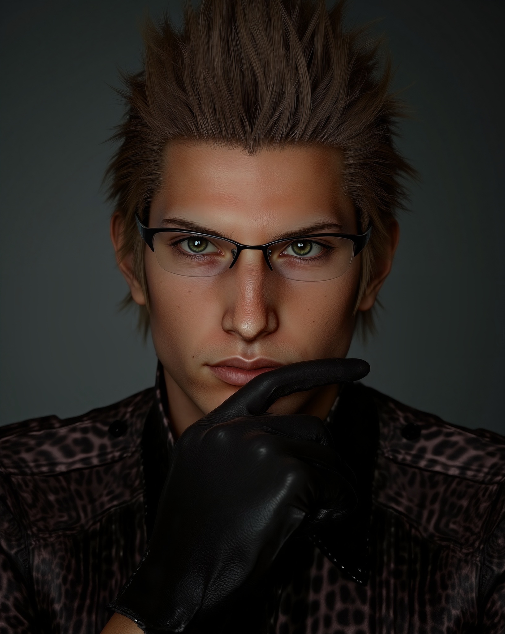 A close-up studio portrait of a 25-year-old man with green eyes,  square glasses,  and light ash brown spiky hair. He wear...