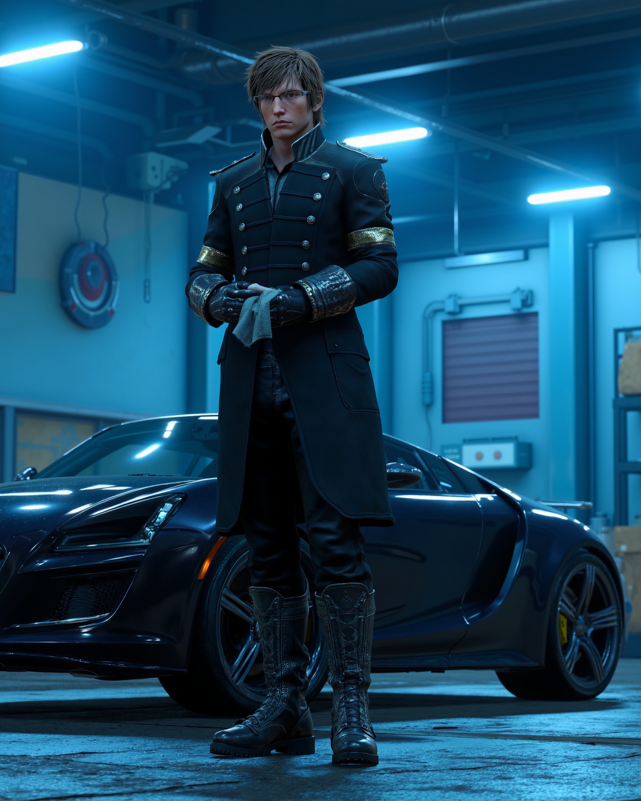 In a high-detail CGI render,  Ignis stands waist-up in a futuristic garage,  illuminated by blue overhead lights. He wears...