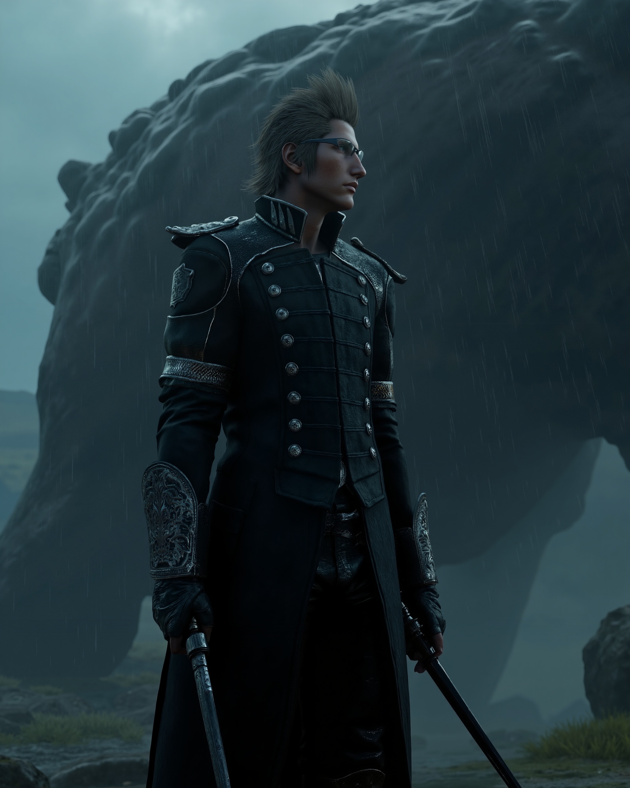 Ignis Scientia,  athletic and alert,  stares down an enormous behemoth in the rain. Rendered in ultra-realistic style on T...