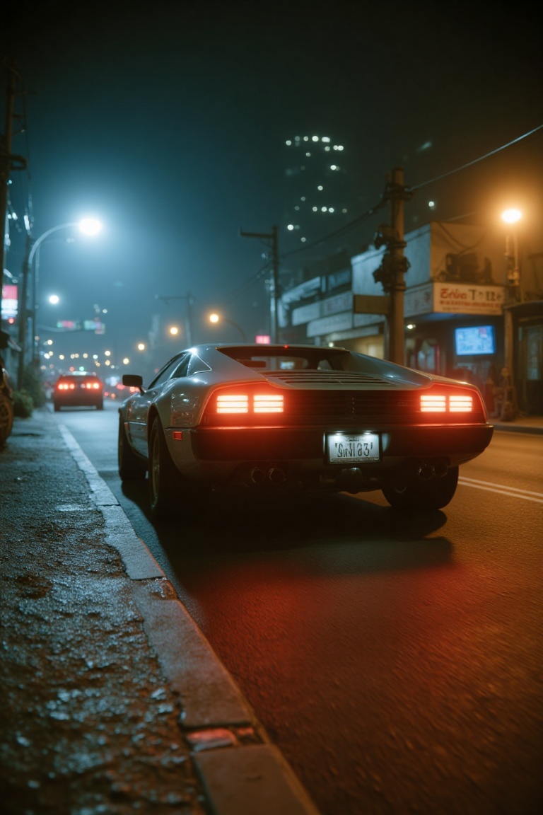 A live-action shot in Cyberpunk 2077 style,  captured on authentic 35mm film. Framed dynamically,  a futuristic car domina...