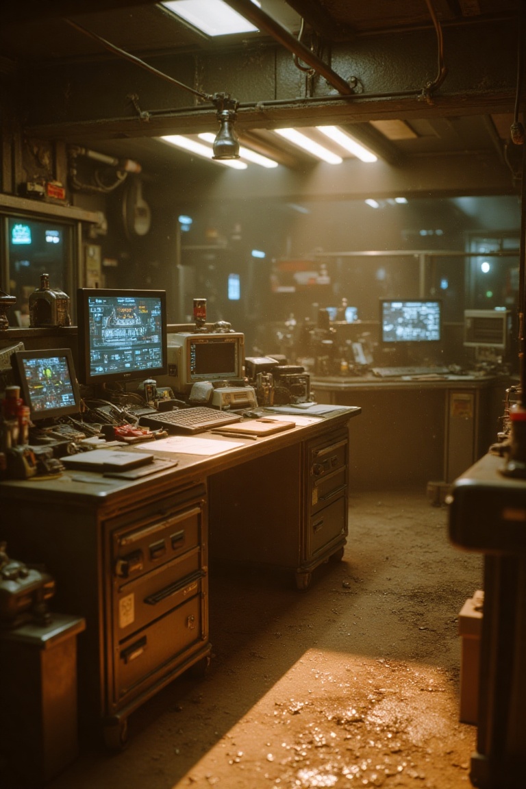 A live-action shot in Cyberpunk 2077 style,  captured on authentic 35mm film. Framed wide,  a futuristic workshop is bathe...