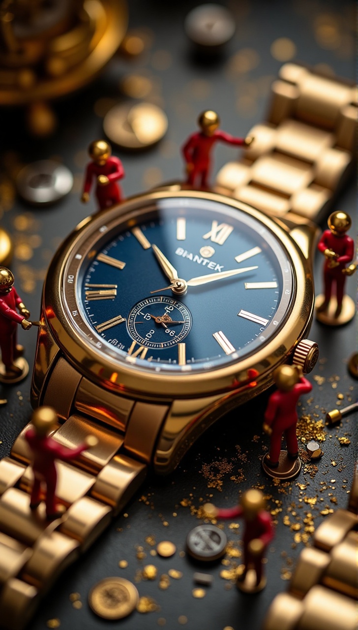 Soft diffused light from above illuminates a close-up shot slightly from a high angle,  showcasing a large gold wristwatch...