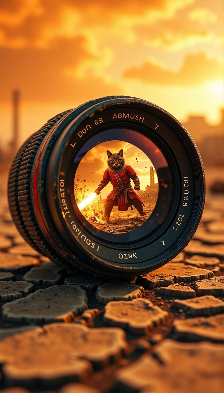 macro close-up of a weathered camera lens lying abandoned on cracked,  sun-baked earth under an apocalyptic orange sky. in...