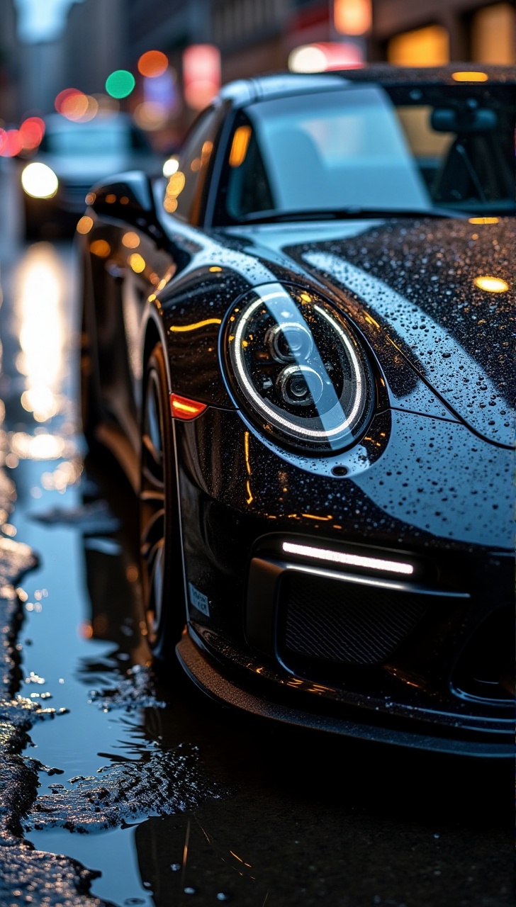 Bright artificial lights illuminate a close-up shot slightly from a low and side angle,  showcasing the front quarter of a...
