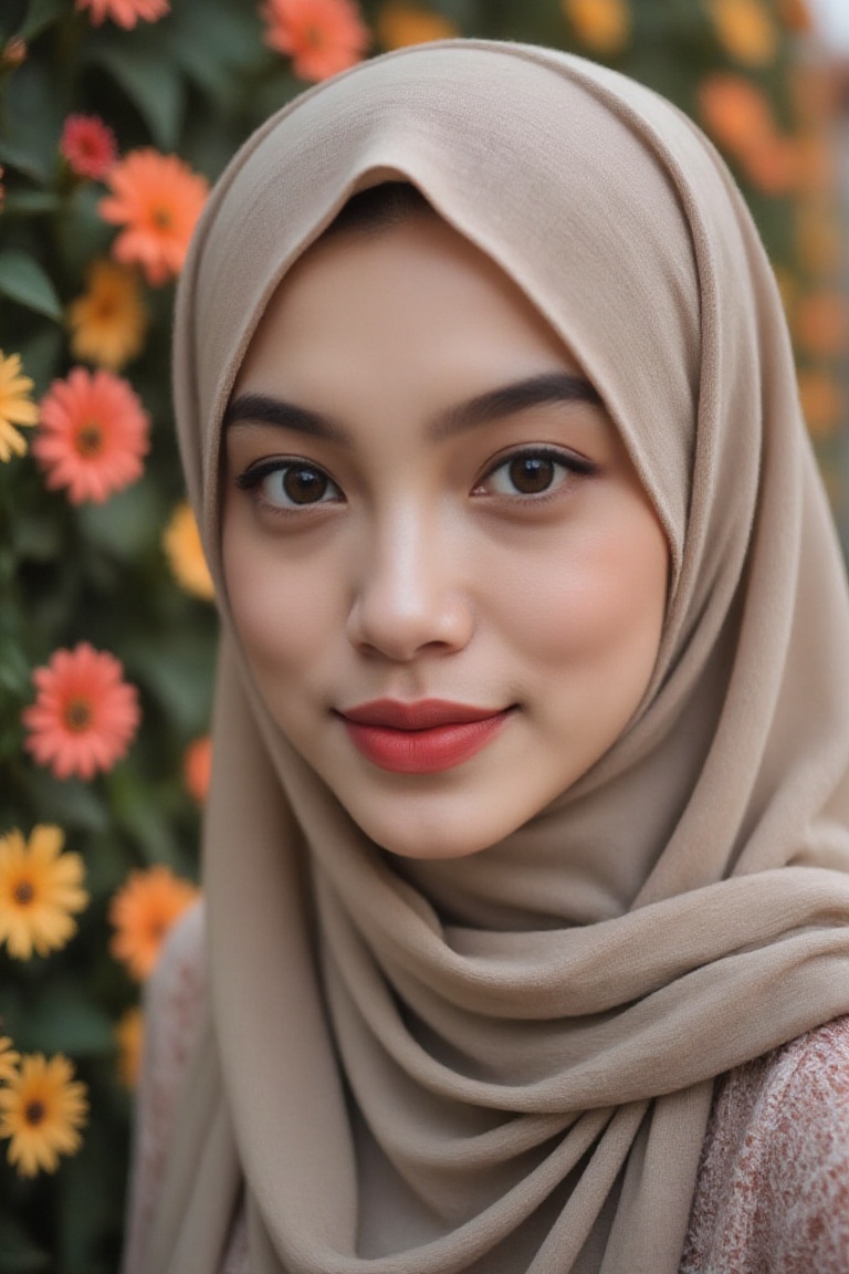Ultra realistic UHD close up picture,  pale skin 20 year old woman Arsella with long hijab tudung on her head no hair on f...
