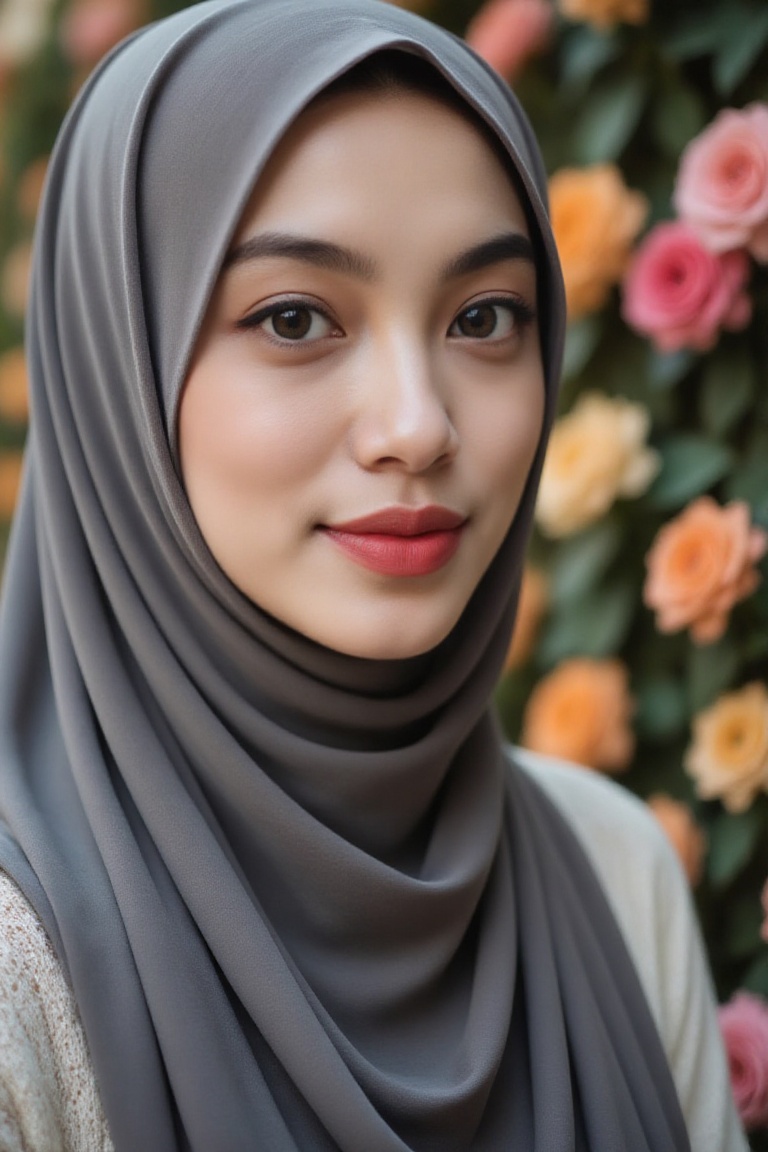 Ultra realistic UHD close up picture,  pale skin 20 year old woman Arsella with long hijab tudung on her head no hair on f...