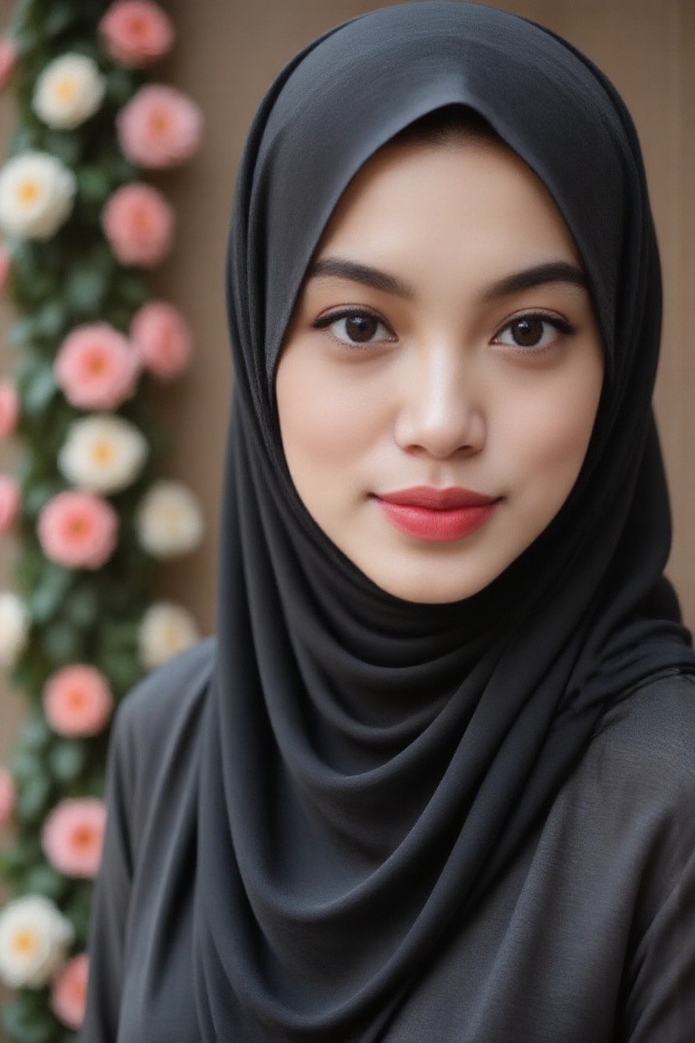 Ultra realistic UHD close up picture,  pale skin 20 year old woman Arsella with long hijab tudung on her head no hair on f...