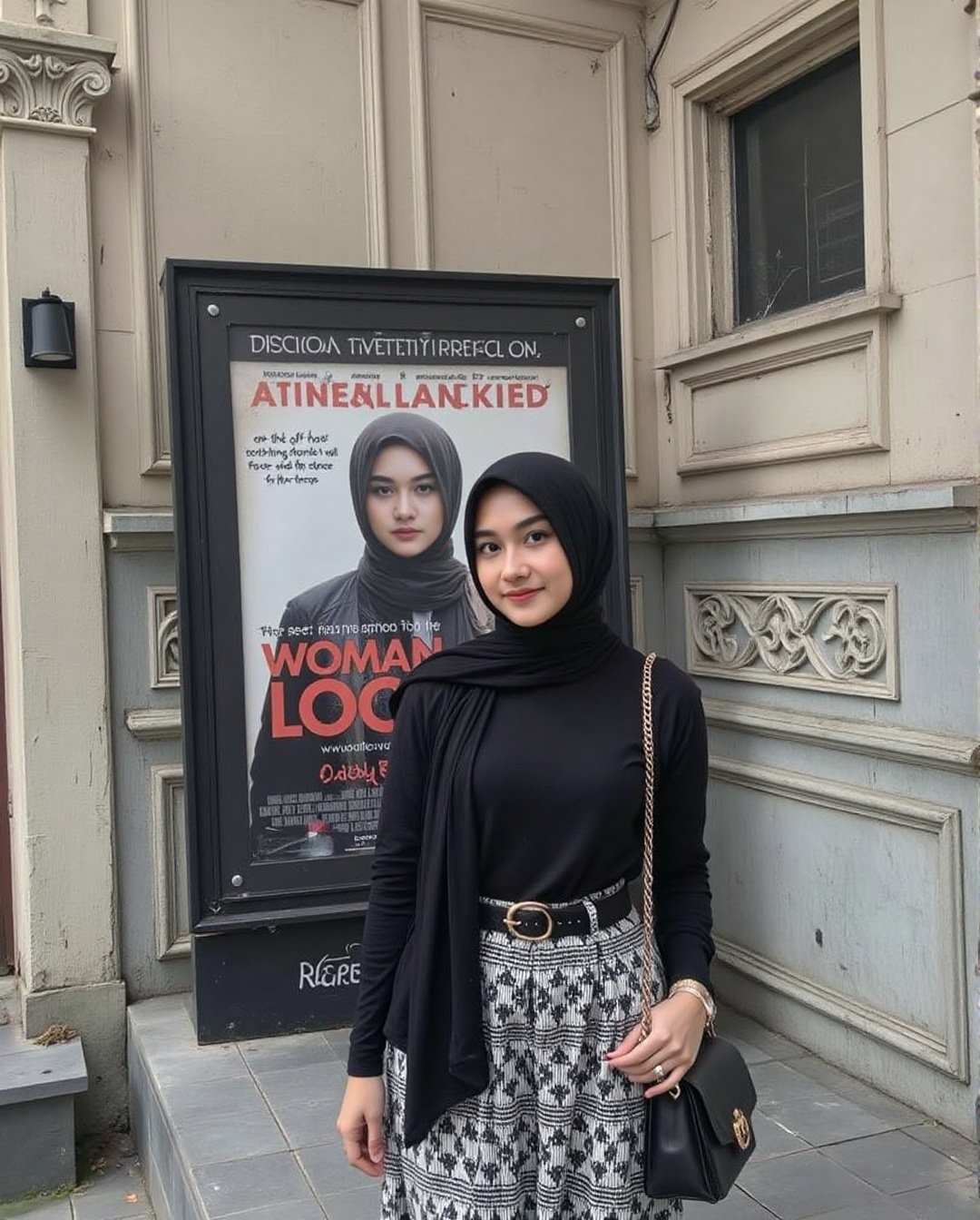 The image shows a woman standing in front of a billboard. The billboard features a poster for a show called "One of the mo...
