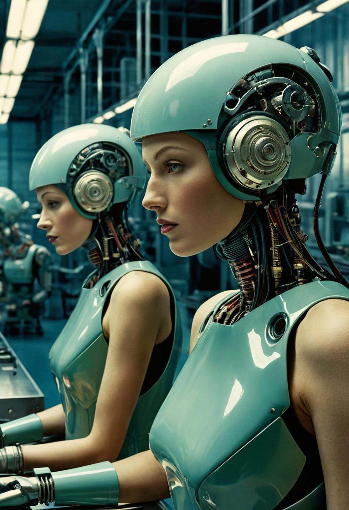 Art by style of Grant Wood style. smooth image,  a retro-futurist factory assembly line with robot workers making parts of...