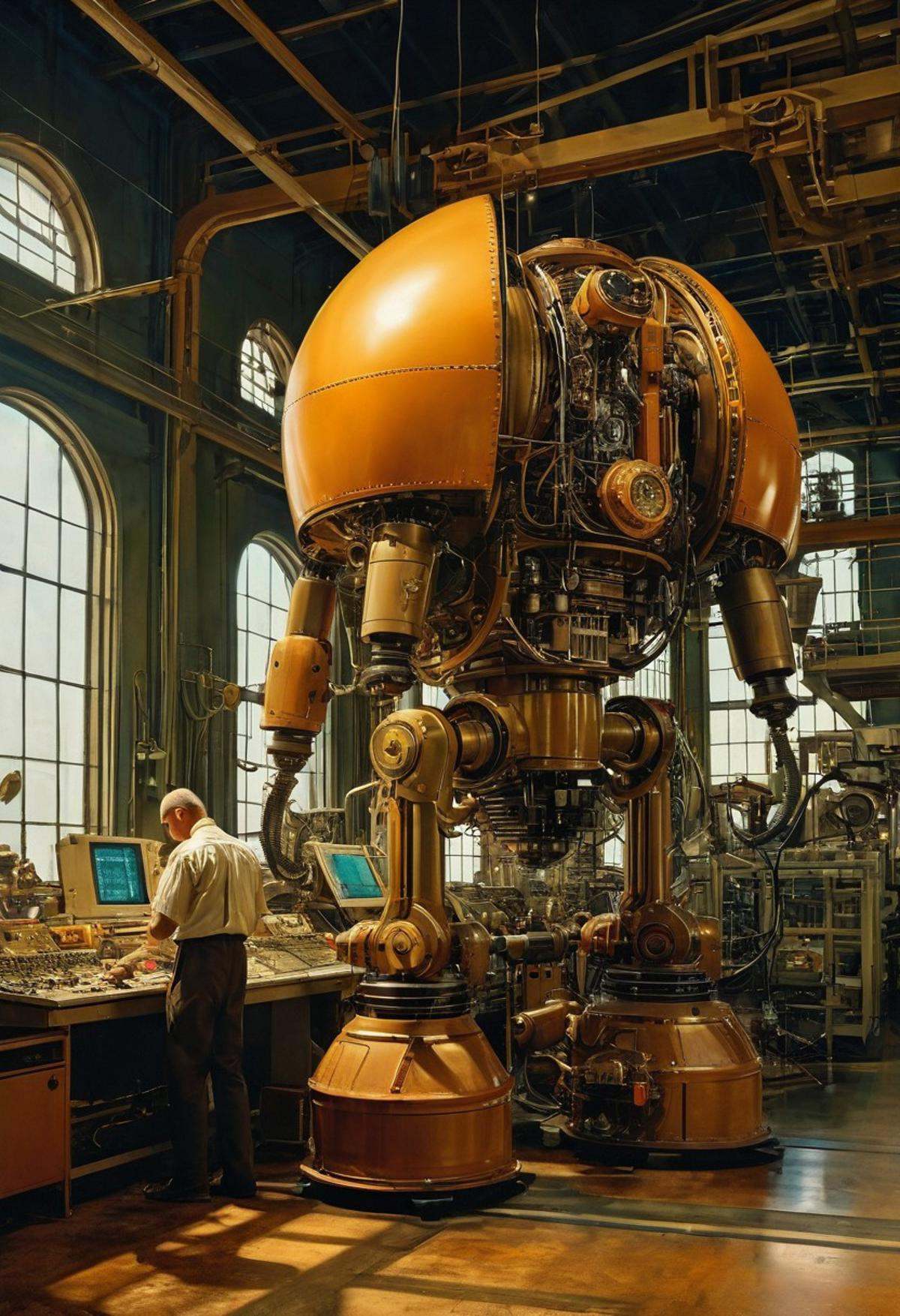 Art by style of Grant Wood style. smooth image,  a retro-futurist factory assembly line with robot workers making spacecra...