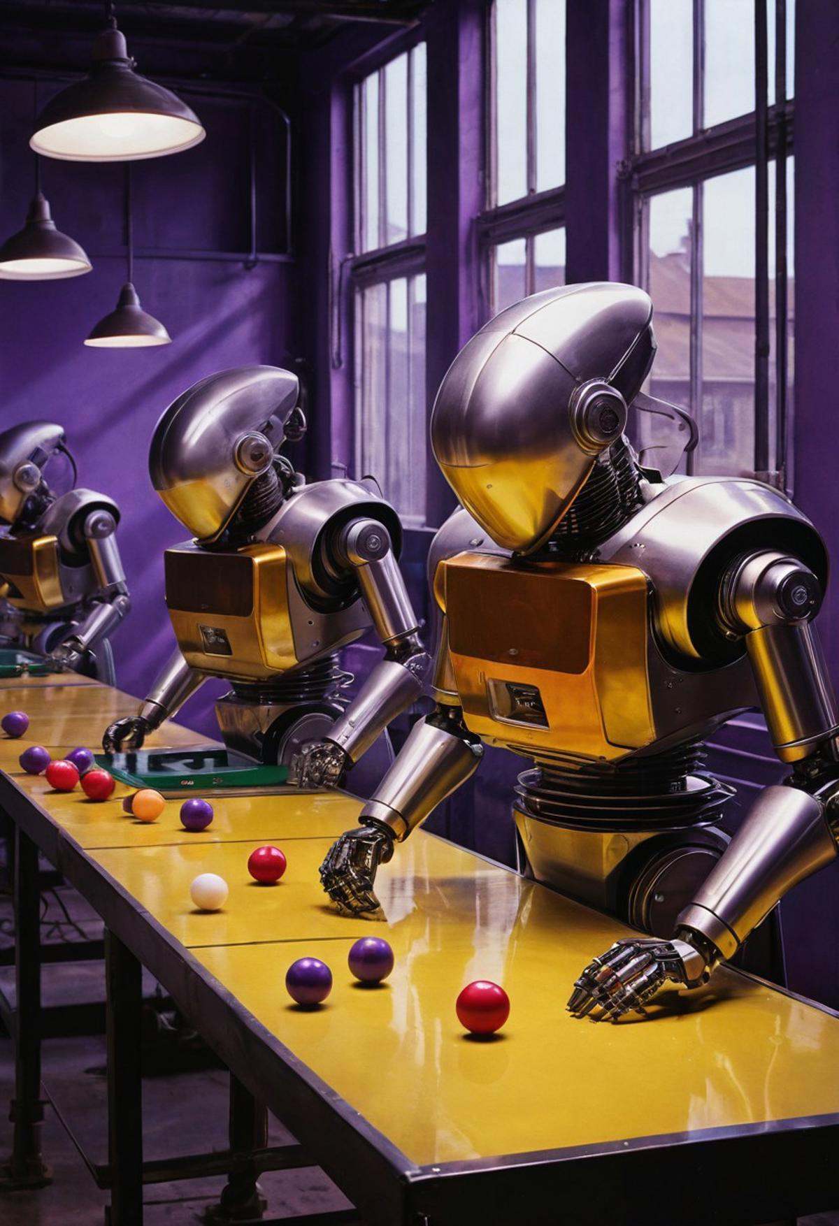 Art by style of Grant Wood style. smooth image,  a retro-futurist factory assembly line with robot workers drinking machin...