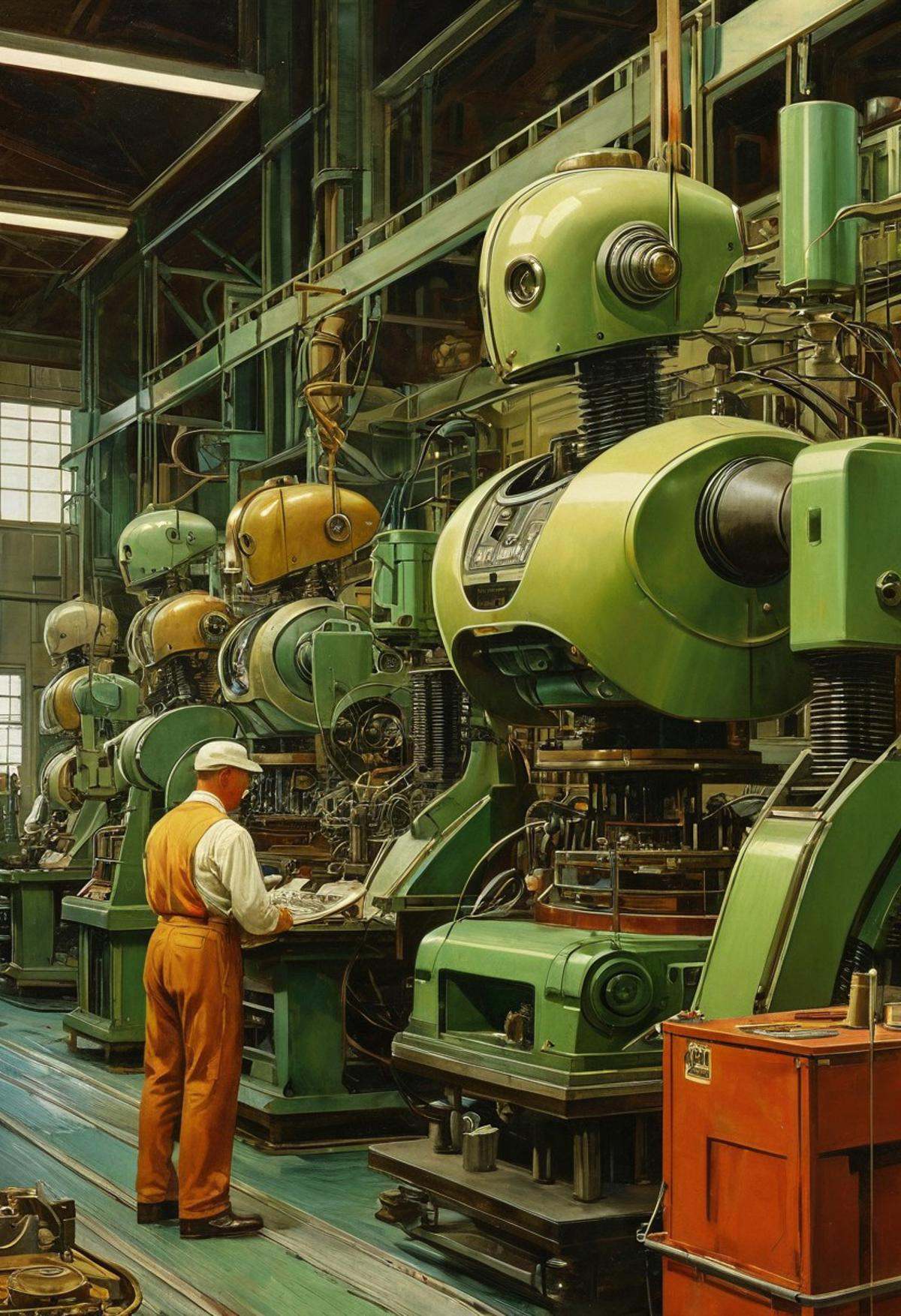 Art by style of Grant Wood style. smooth image,  a retro-futurist factory assembly line with robot workers making sleek fu...