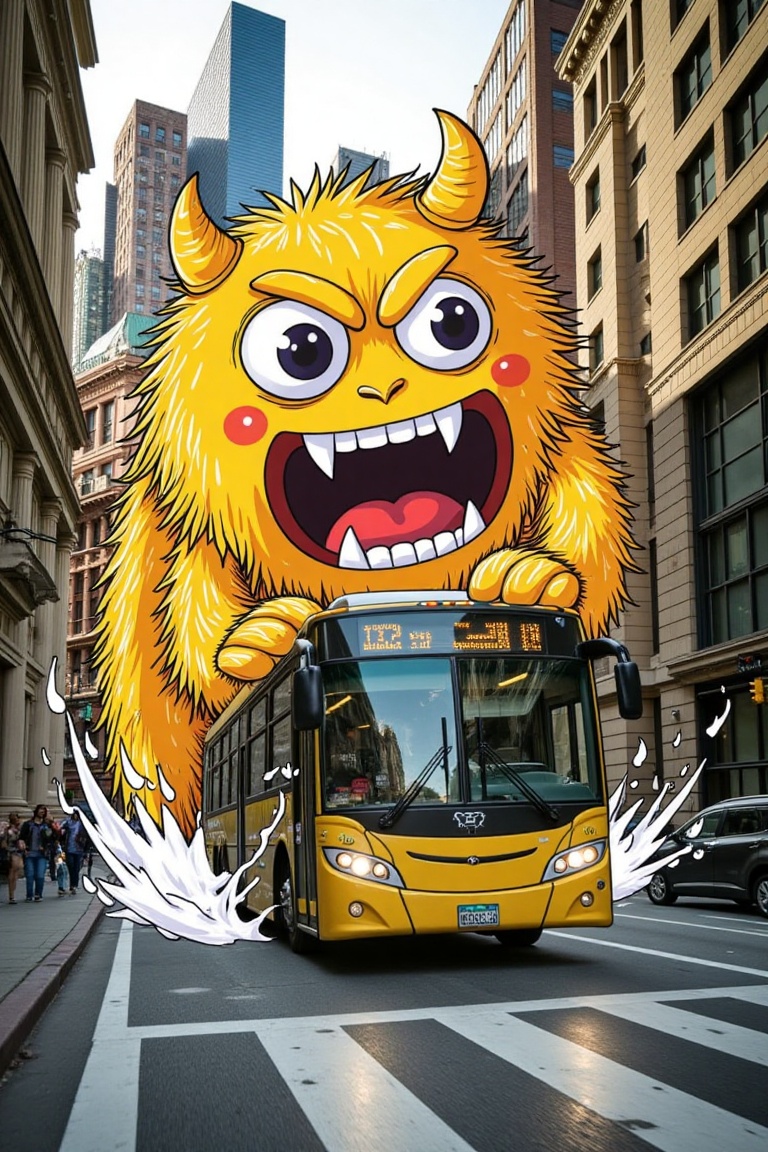 A hand-drawn yellow monster with sharp fangs overlaps a speeding bus on a bustling road. Framed dynamically from street le...