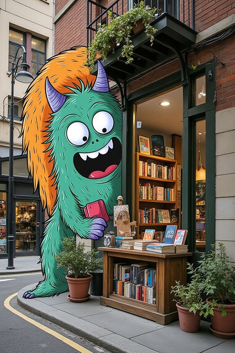 A hand-drawn monster in semi-flat cartoon style overlaps a quaint alleyway stall outside a bookshop,  framed by the road....