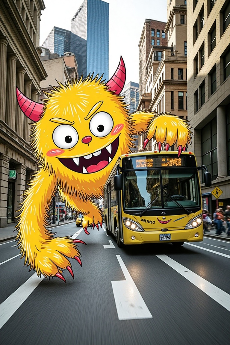 A hand-drawn yellow monster with sharp fangs overlaps a speeding bus on a bustling road. Framed dynamically from street le...