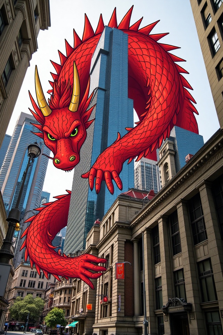 A hand-drawn red dragon monster in semi-flat cartoon style overlaps and surrounds a towering skyscraper in KL city. Framed...