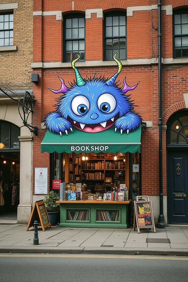 A hand-drawn monster in semi-flat cartoon style overlaps a quaint alleyway stall outside a bookshop,  framed by the road....