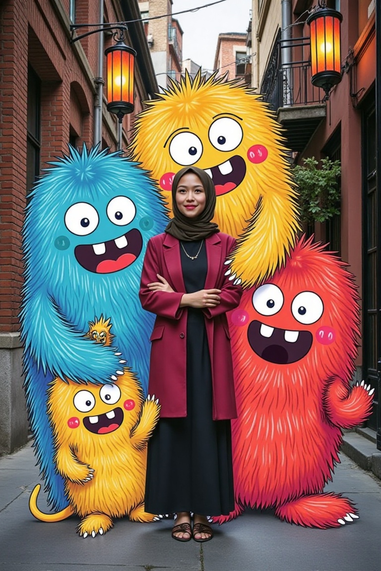 A semi-flat,  hand-drawn cartoon scene in urban realism style featuring three colorful monsters—a blue,  yellow on Tensor.Art