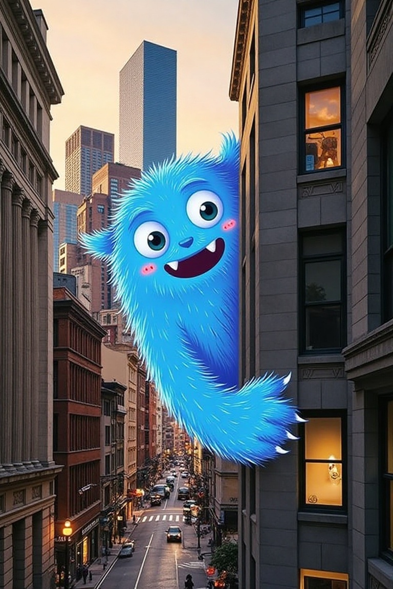 A semi-flat cartoon-style blue monster peeks stealthily from behind a modern city building,  blending urban realism with w...