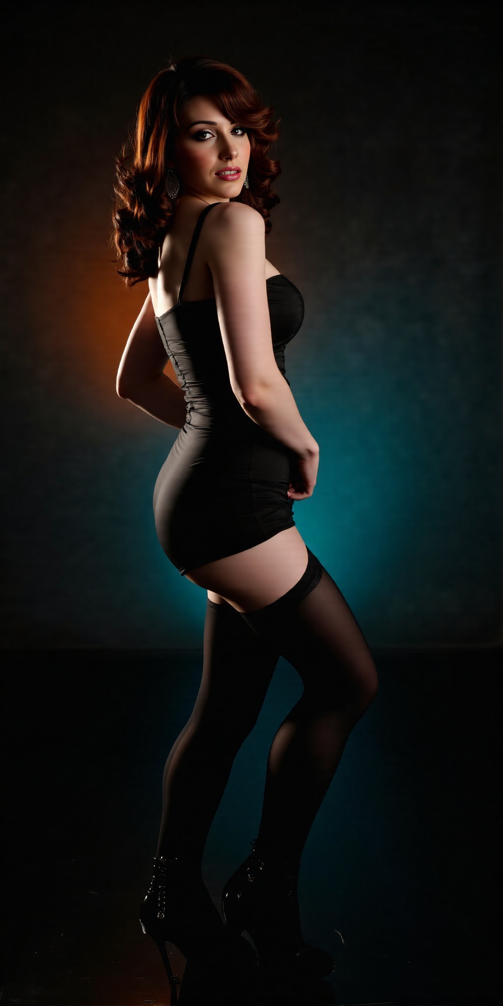 A sultry Jewish beauty poses confidently against a dramatic backdrop,  her fitted dress accentuating every curve as teal a...