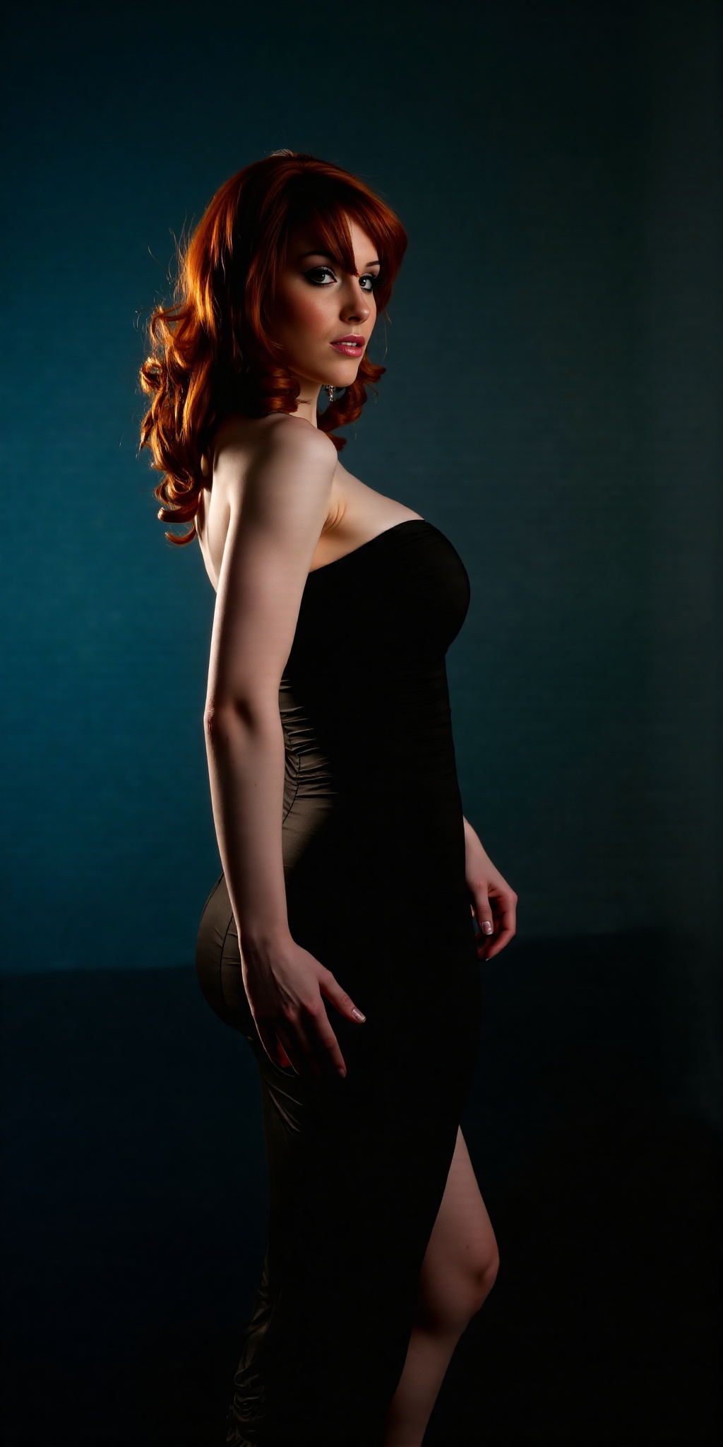 A sultry Jewish beauty poses confidently against a dramatic backdrop,  her fitted dress accentuating every curve as teal a...
