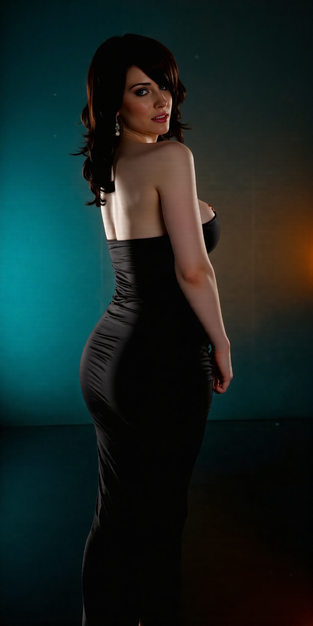 A sultry Jewish beauty poses confidently against a dramatic backdrop,  her fitted dress accentuating every curve as teal a...