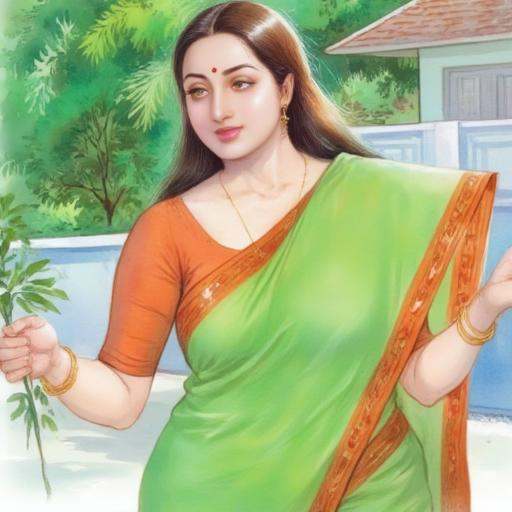 This is a high-quality water color painting by artist Manimala depicting a serene Indian woman with long,  dark hair,  wea...