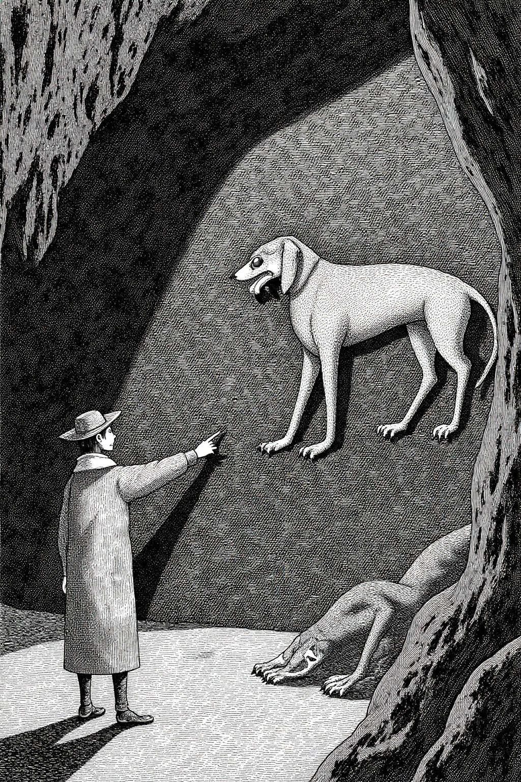 edwardgorey1 illustration Paleontologist pointing at a cave painting of a giant wiener dog with ivory tusks. A hauntingly...