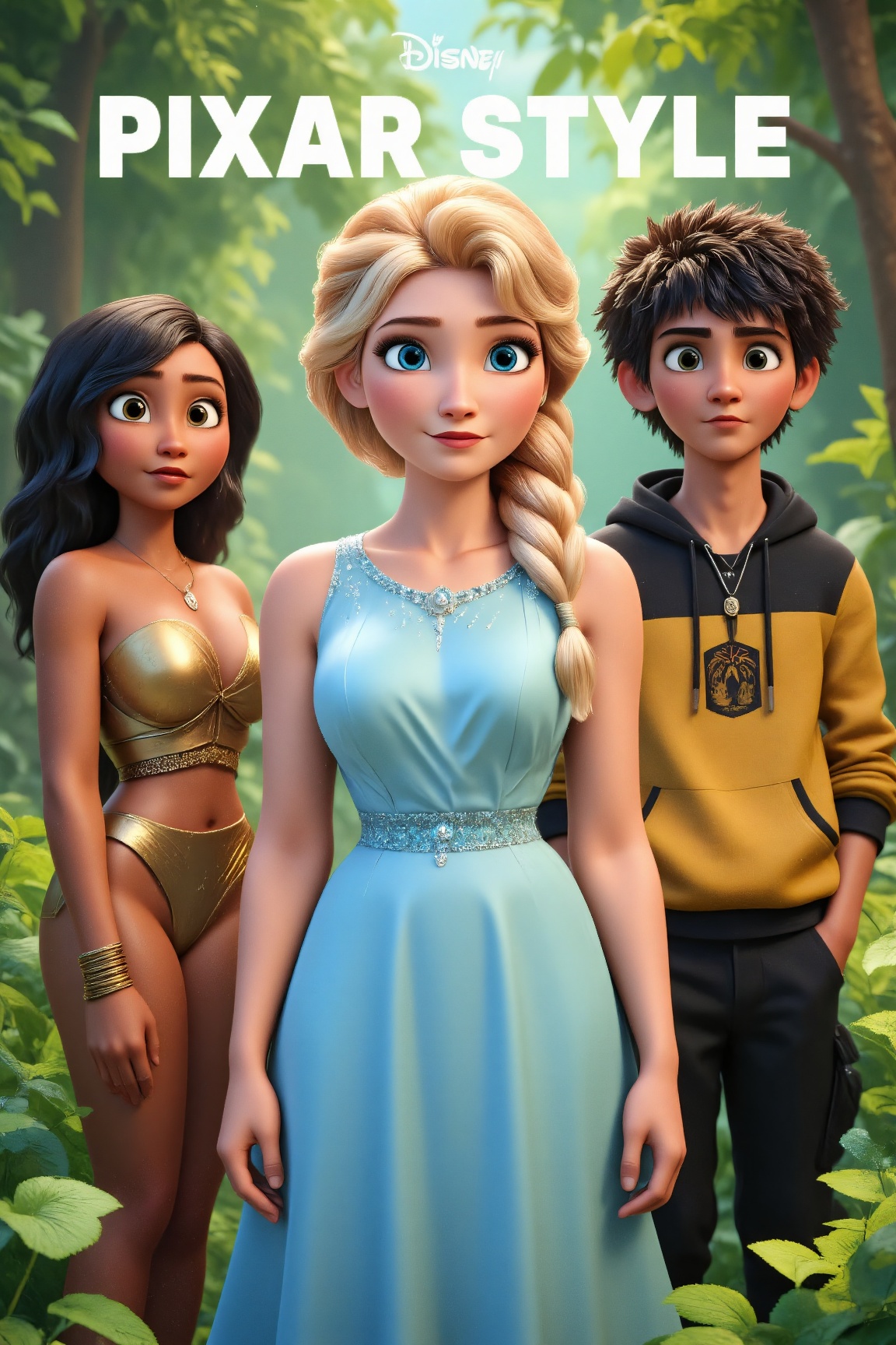 Pixar-style digital artwork featuring three characters in a lush forest. A blonde woman in an icy blue gown with crystal d...