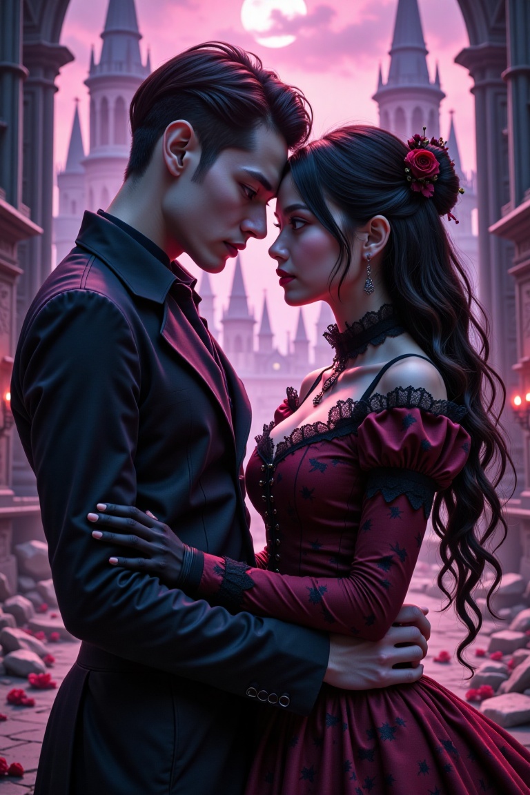A dramatic close-up of a Gothic couple in an anime style,  framed with dark,  intricate details. The male has pale skin on...