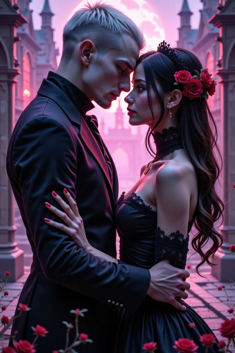 A dramatic close-up of a Gothic couple in an anime style,  framed with dark,  intricate details. The male has pale skin on...