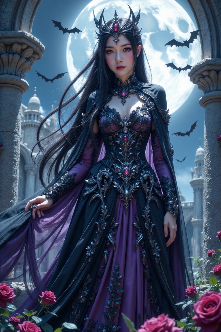A Gothic princess in an anime style,  posed elegantly with flowing dark Victorian gown,  intricate lace details on Tensor.Art