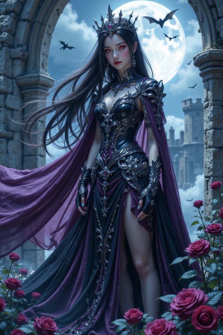 A Gothic princess in an anime style,  posed elegantly with flowing dark Victorian gown,  intricate lace details on Tensor.Art