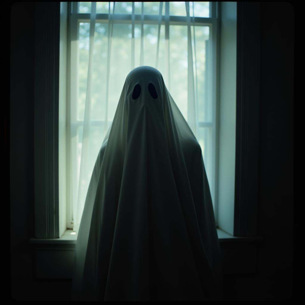cinematic film still of a closeup of a ghost staring at camera in front of a bright window in afternoon,  shallow depth of...