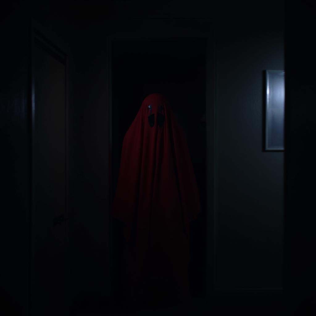cinematic film still of dark cinematic film style a ghost in a dark room with a red sheet,  perfect image,  perfect body o...