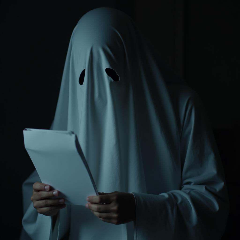 cinematic film still of closeup cinematic film style a ghost with a sheet covering his face reading a small paper,  shallo...
