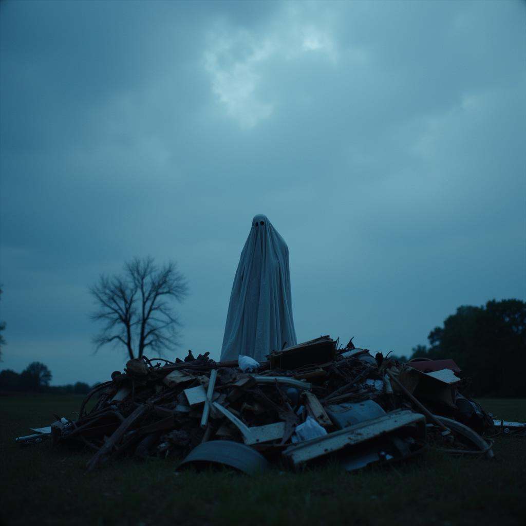 cinematic film still of overcast cinematic film style a ghost standing in a pile of junk,  perfect image,  perfect body on...