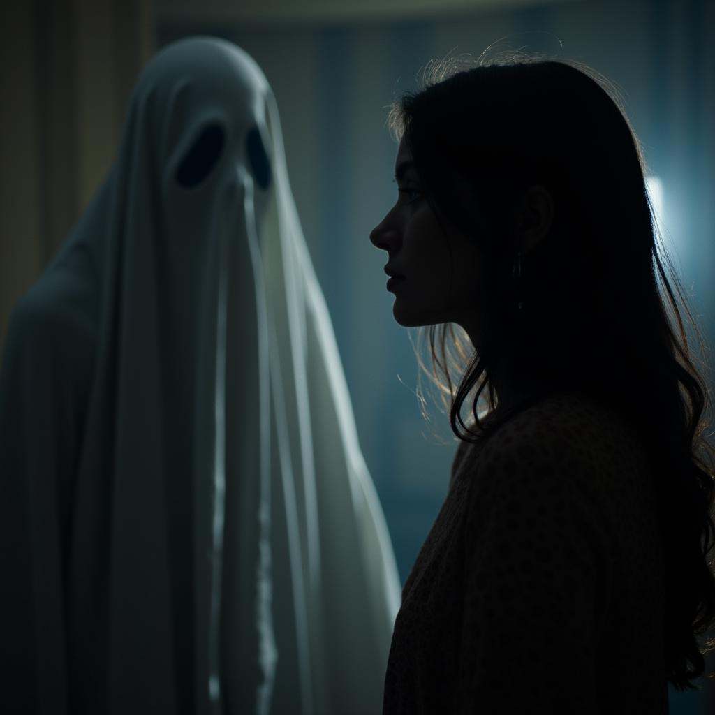 cinematic film still of daylight cinematic film style a woman looking at a side view in front of a ghost,  perfect image,...