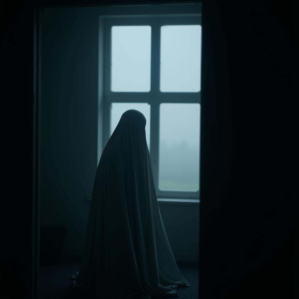 cinematic film still of side view cinematic film style a ghost is standing in front of a window,  shallow depth of field,...