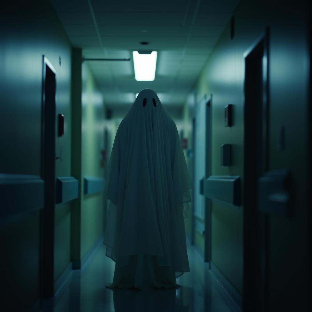 cinematic film still of cinematic film style a ghost standing in a hallway in a hospital with a ceiling light on,  closeup...