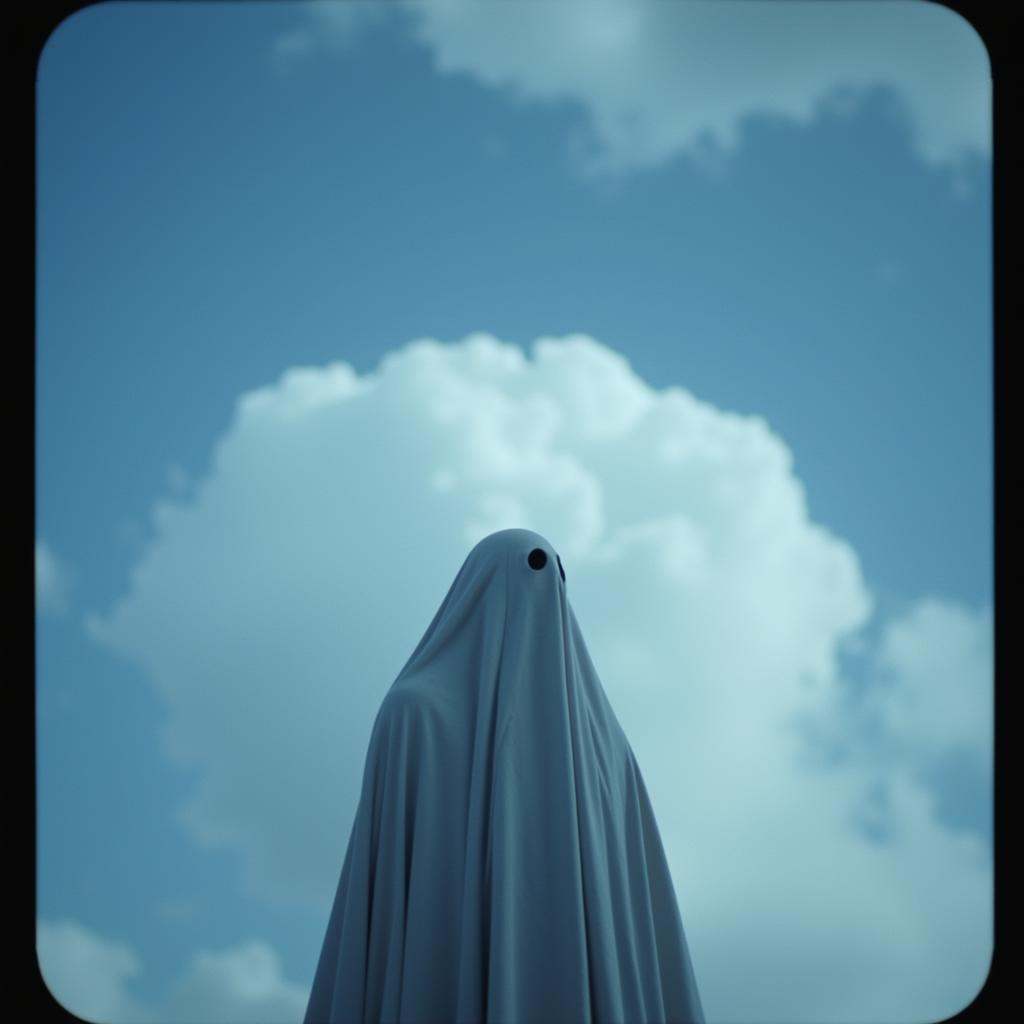 cinematic film still of from below cinematic film style a ghost looking up at the sky with a cloud in the background,  per...