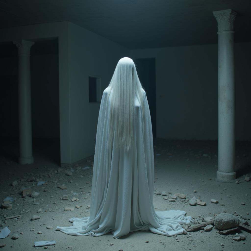 cinematic film still of daylight cinematic film style a ghost standing in a wrecked room with a white sheet covering it,...