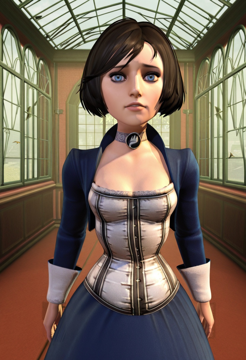 elizabeth_bioshock,  dark brown short bob haircut,  parted bangs on Tensor.Art