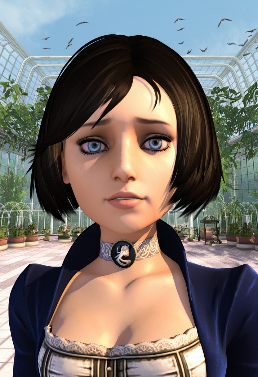 elizabeth_bioshock,  dark brown short bob haircut,  parted bangs on Tensor.Art