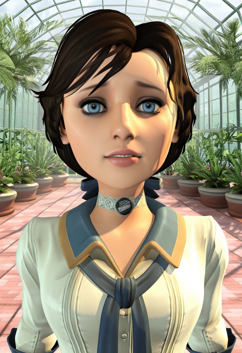 elizabeth_bioshock,  dark brown ponytail hair,  no bangs on Tensor.Art